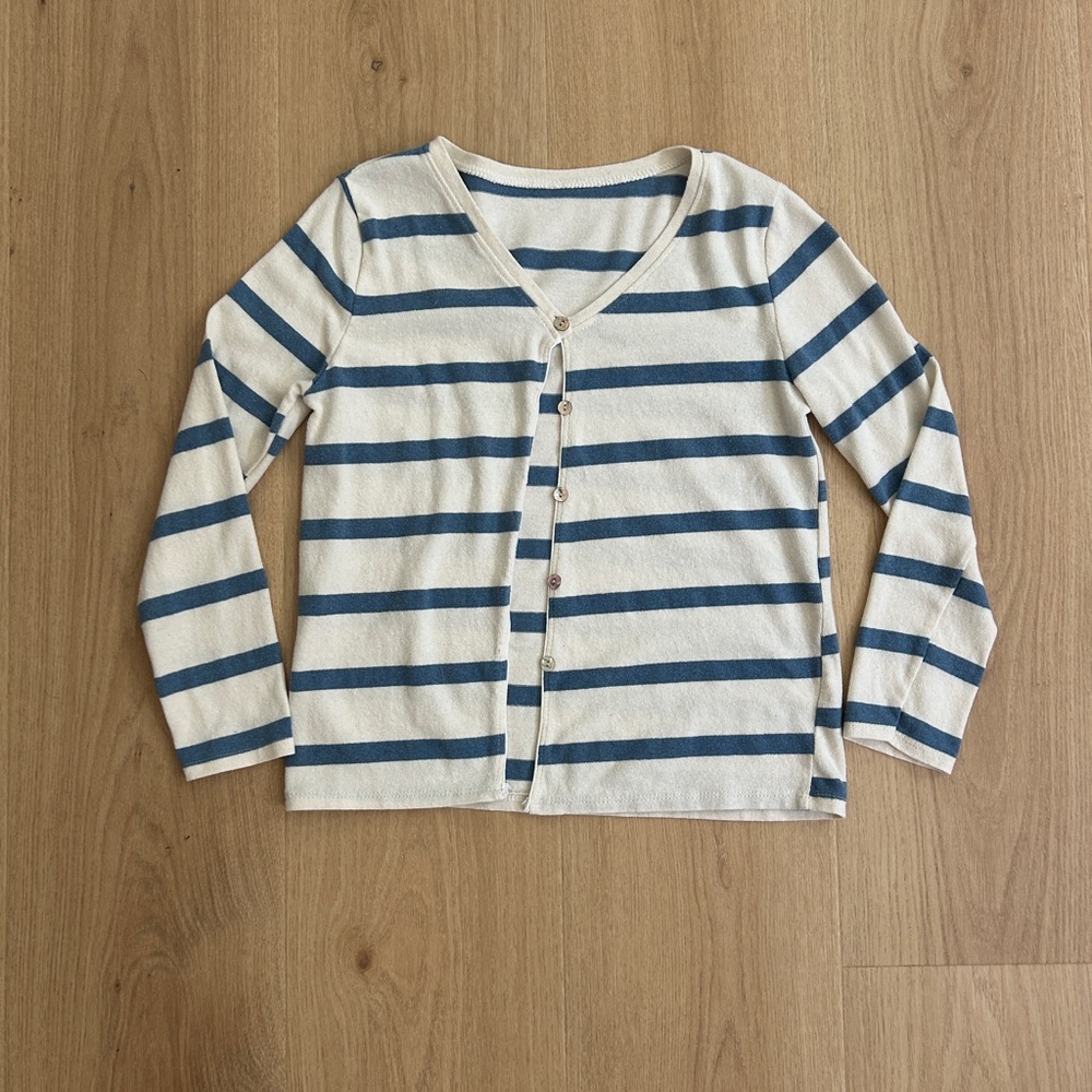 Blue and White Striped Cotton Cardigan with Shell Buttons